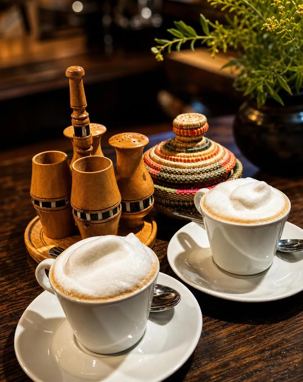 Frothy coffee cups beside wooden shakers and a woven rekebot basket